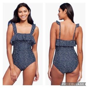🆕 Kona Sol Polka Dot Ruffle Shoulder One Piece Swimsuit 16 plus size navy 50’s